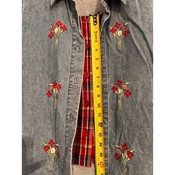 Lemon Grass Denim Shirt Jacket Floral Embroidery Red Plaid Front Panel Petite M - Picture 13 of 14